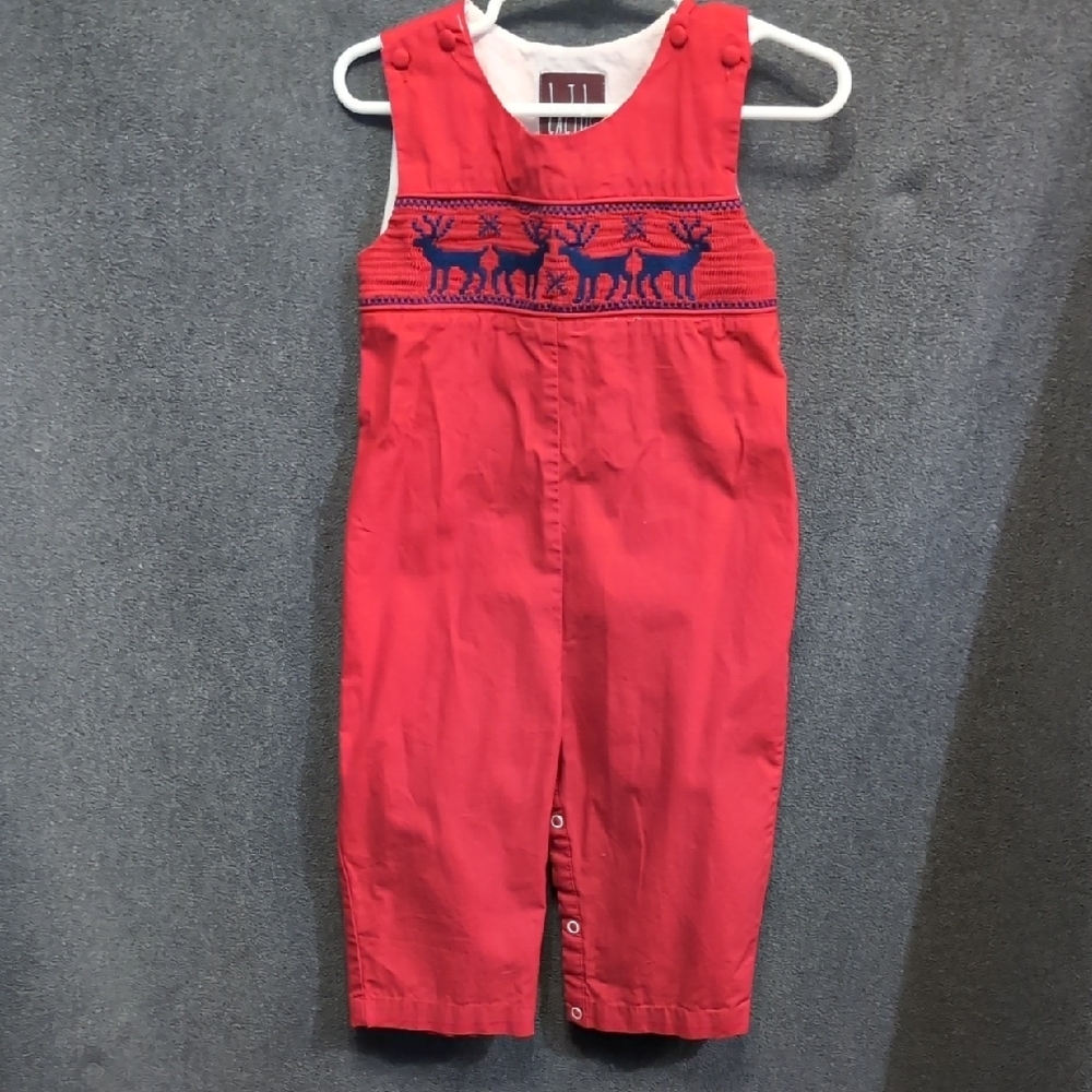 Red Kids Overalls with Blue Reindeer Design
